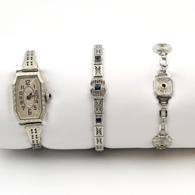 Three piece lot antique white gold Filigree bracelets and watch
