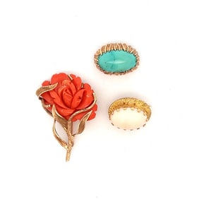 Group of three 14K & 18K Coral Turquoise Pin