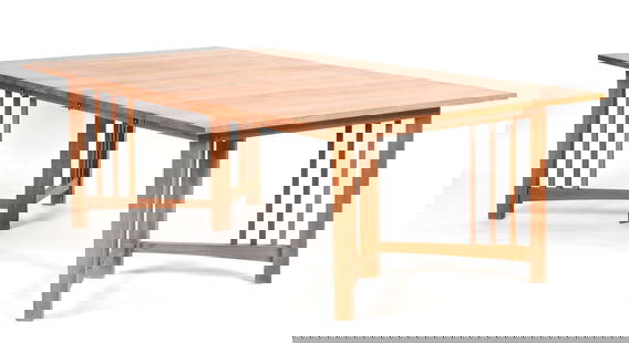 Thomas Moser Arts and Crafts Style Cherry Extension Dining Table, Dated 2001: A Thomas Moser Arts and Crafts Style Cherry Extension Dining Table, Auburn, Maine, Dated 2001 Having two additional cherry leaves. Inscribed and signed to the underside of top, &quot;Thos. Moser Cabin