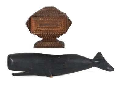 Two Pieces of American Folk Art: Tramp Art Box and Carved Whale
