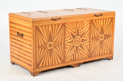 Folk Art Parquetry Inlaid Fruitwood and Oak Blanket Chest, Early 20th Century