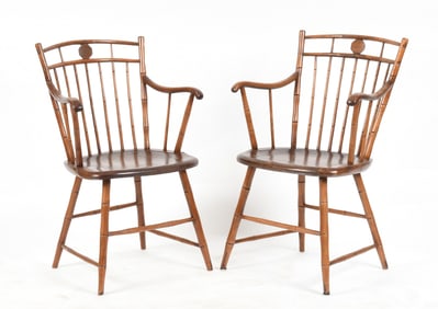 Pair of American Mixed Wood Birdcage Windsor Armchairs, 19th Century