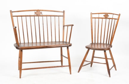 American Mixed Wood Birdcage Windsor Settee and Side Chair, 19th Century