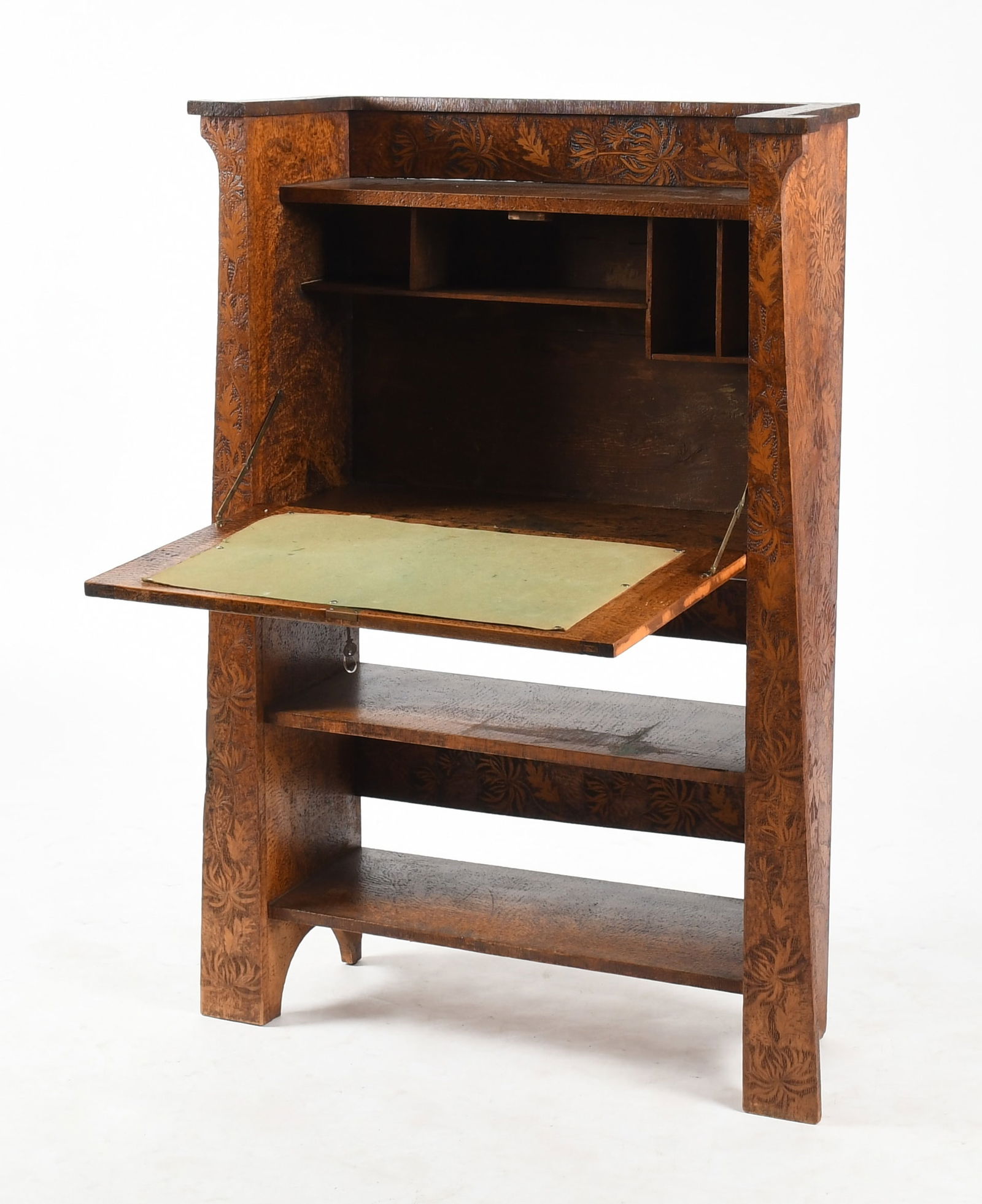 Arts and Crafts Pyrography Decorated Fall Front Desk, Early 20th Century (1 of 10)