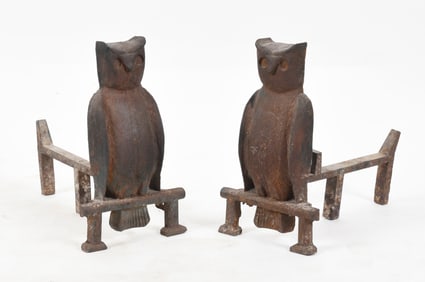 Pair of Whimsical Cast Iron Figural Owl Form Andirons, Early 20th Century