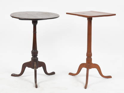 Two American Queen Anne Hardwood Candle Stands, 18th Century: Two American Queen Anne Hardwood Candlestands, 18th Century Comprising a cherry circular tilt-top candlestand and a painted mixed wood candlestand with fixed square top. (2) Dimensions:&nbsp;Height of