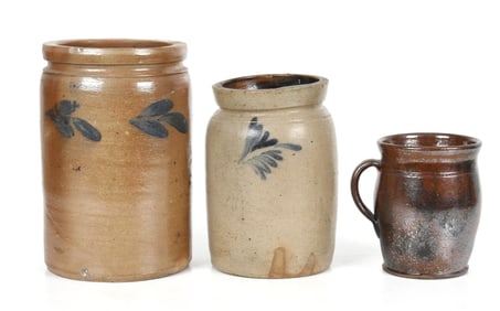 Three Pieces of American Stoneware and Redware Pottery, 19th Century