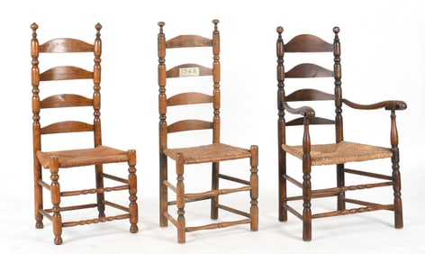 Three American Mixed Wood Ladderback Chairs, 18th Century
