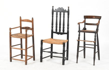 American Painted Bannister Back Chair and Two Highchairs, 18th-19th Century