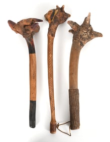 Three Eastern Woodlands Carved Root War Clubs, Penobscot and Passamaquoddy