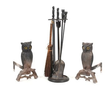 A Set of Cast Iron Owl Form Andirons and Tools