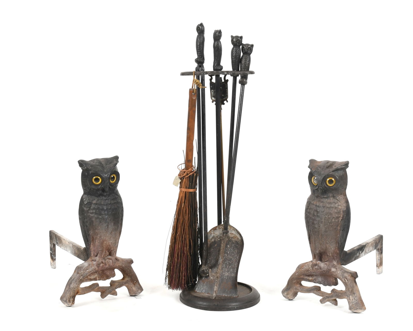 A Set of Cast Iron Owl Form Andirons and Tools (1 of 8)