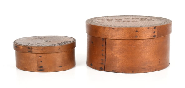 Two New England Chip Carved Banded Pantry Boxes, Late 19th Century