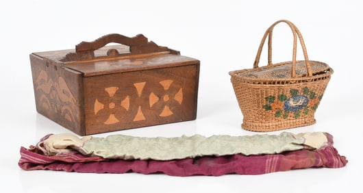 American Inlaid Walnut Double-Lidded Workbox, 19th Century and Basket