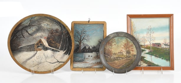 Four Hand-Painted American Folk Art Landscapes, Early 20th Century
