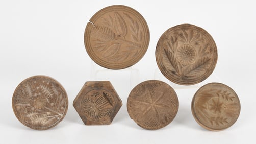Group of Six American Primitive Carved Butter Prints / Stamps, 19th Century