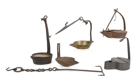 Group of Six Iron and Brass Lighting Devices, 18th-19th Century