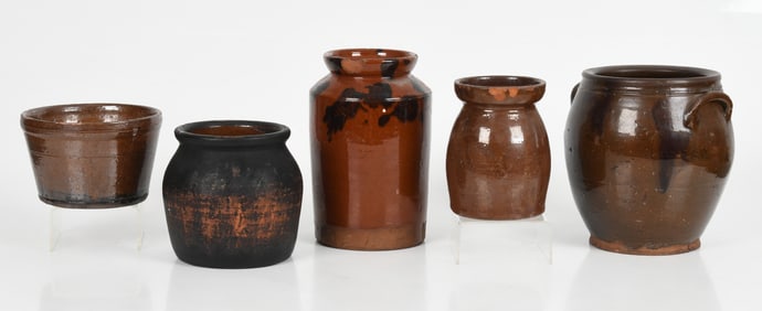 Five Pieces of American Lead and Manganese Glazed Redware, 19th Century