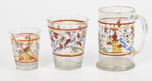 Three Pieces of Stiegel-Type Free Blown and Polychrome Enameled Colorless Glass