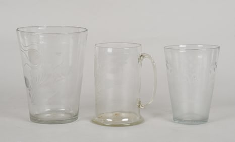Three Pieces of Stiegel-Type Free Blown and Engraved Colorless Glass