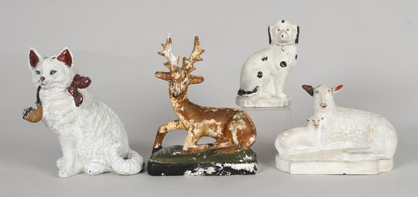 Four Painted Chalkware Animal Figures, 19th Century