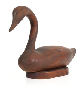 Vintage Carved and Stained Pine Swan Decoy, Late 20th Century