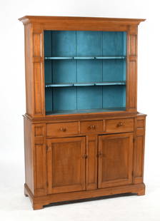 Tulip Poplar Two-Part Dutch Cupboard, Early 19th Century: A Tulip Poplar Two-Part Dutch Cupboard, Early 19th Century The upper section with a cove molded cornice above a blue-painted open interior, fitted with two shelves having scalloped fronts, flanke