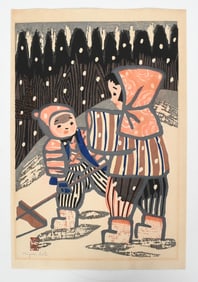 Kiyoshi Saito (1913-1997), Woodblock Print, Children in Snow