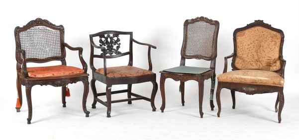 Group of Four French Provincial Carved Walnut Chairs, 18th Century