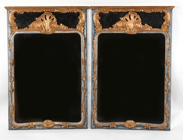 Pair of Continental Rococo Style Carved Giltwood and Paint Decorated Mirrors