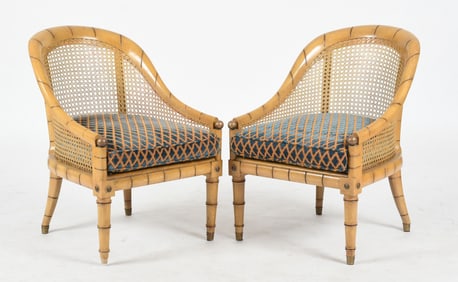 Pair of English Style Faux Bamboo Carved and Caned Slipper Chairs