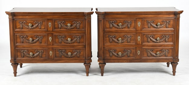 Pair of Louis XVI Style Carved Walnut Chests by Karges, 20th Century