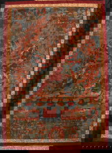 A Tibetan Thangka, Mahottara Heruka: A Tibetan Thangka, Mahottara Heruka Pigment on cloth mounted on silk, 19th century or earlier. Dimensions: the artwork is 29in x 19in, overall 49in x 30in. Proven