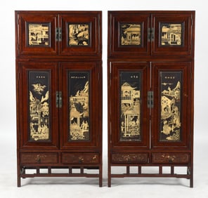 Pair of Chinese Two-Part Hardwood Cabinets
