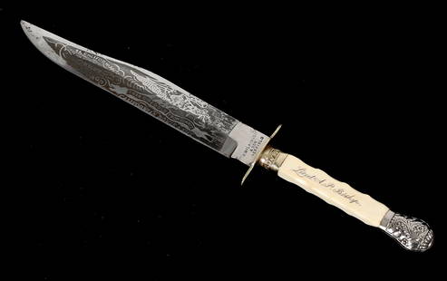 A California Gold Rush Era Bowie Knife, Wilkinson: A California Gold Rush Era Bowie&nbsp;Knife, Wilkinson&nbsp; Circa 1850, with an acid etched blade that features a flying eagle carrying a bag of gold and the text &#39;I can dig gold from quartz&#39;