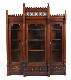Eastlake Ceramic Tile Mounted Carved Walnut Architectural Breakfront Bookcase