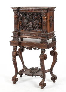 Italian Renaissance Revival Style Carved Walnut Cabinet on Stand, 19th Century: An Italian Renaissance Revival Style Carved Walnut Cabinet on Stand, Third Quarter 19th Century In two-parts. The profusely mythological carved cabinet having a hinged fall opening to reveal an open a