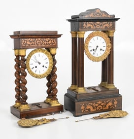 Two French Marquetry Inlaid Portico Clocks, 19th Century