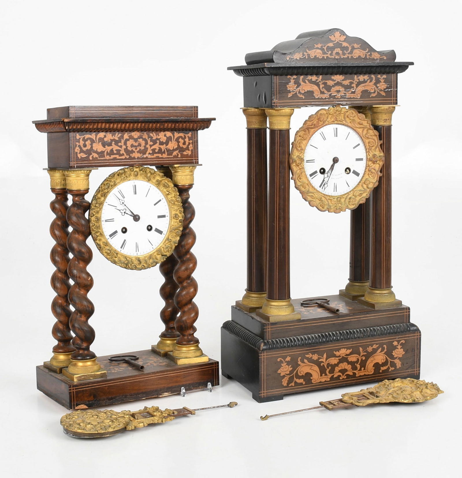 Two French Marquetry Inlaid Portico Clocks, 19th Century (1 of 13)