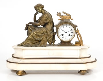 French Gilt Bronze and Marble Figural Mantel Clock, 19th Century