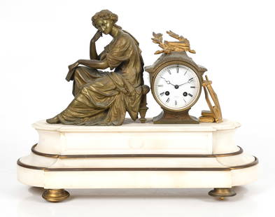 French Gilt Bronze and Marble Figural Mantel Clock, 19th Century: A French Gilt Bronze and Marble Figural Mantel Clock, 19th Century The gilt bronze mounted white marble, raised on bronze feet, surmounted by a gilt bronze Classical maiden, having a circular white en