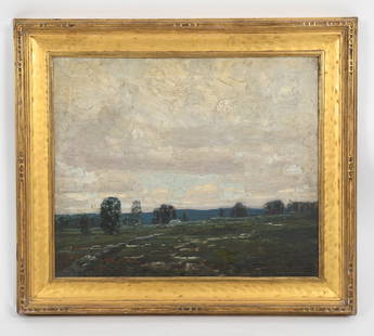 Cecil Chichester (1891 - 1963) Oil on Canvas: Cecil Chichester (1891 - 1963) Oil on Canvas A landscape with distant farm and cows, signed at the lower right. In what appears to be the original carved and gilt frame. Dimensions: 20in x