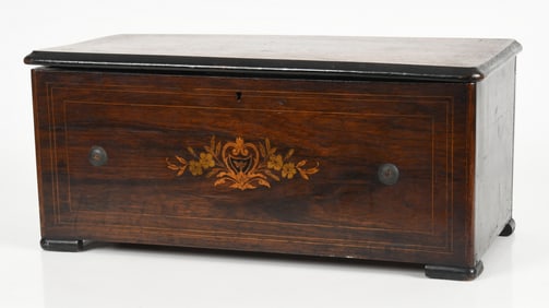 Swiss Parcel Ebonized and Marquetry Inlaid Rosewood Cylinder Music Box