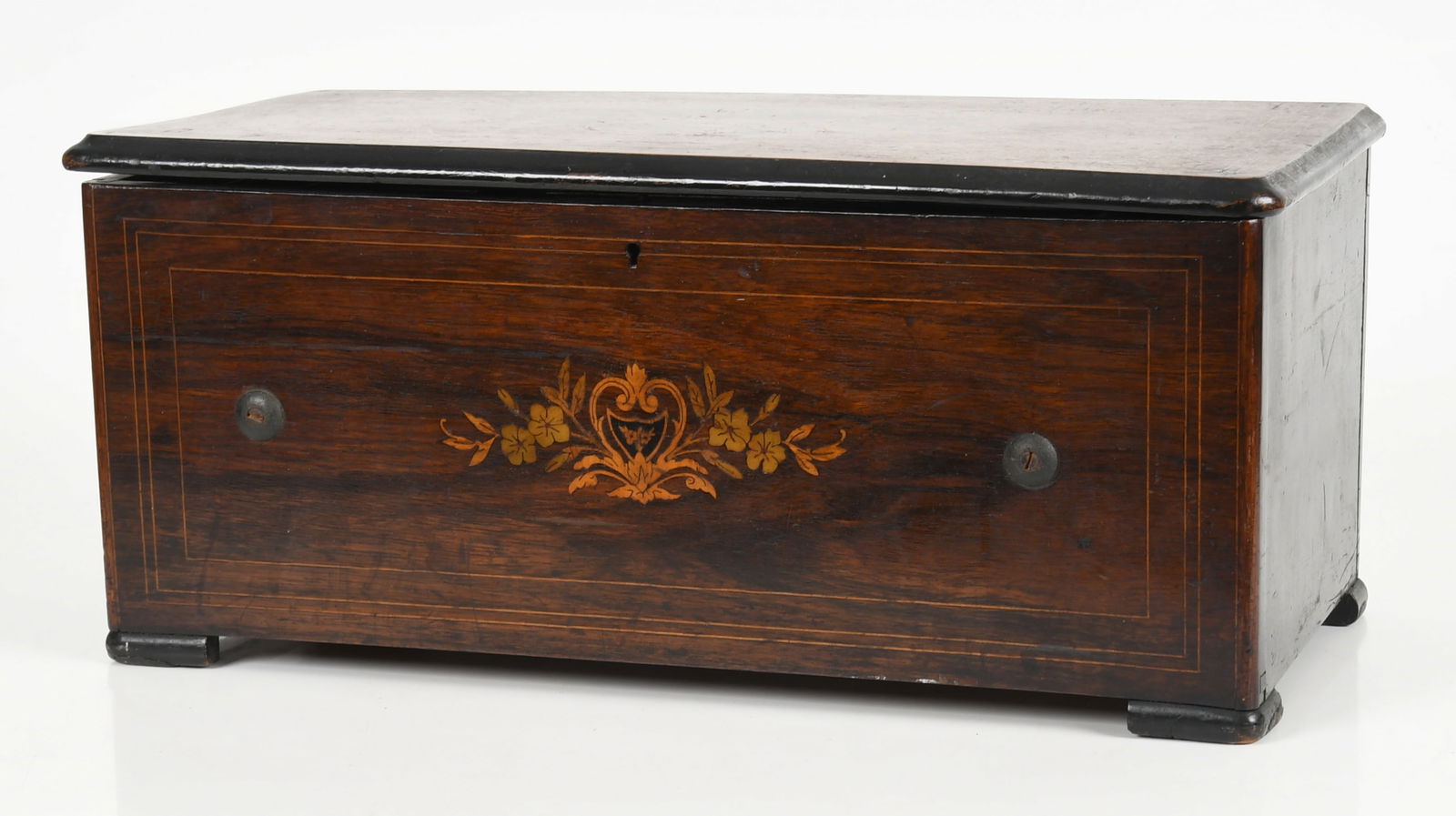 Swiss Parcel Ebonized and Marquetry Inlaid Rosewood Cylinder Music Box: A Swiss Parcel Ebonized and Marquetry Inlaid Rosewood Cylinder Music Box, Second Half 19th Century Playing eight airs on an eleven-inch brass cylinder, the hinged lid having the original paper tu