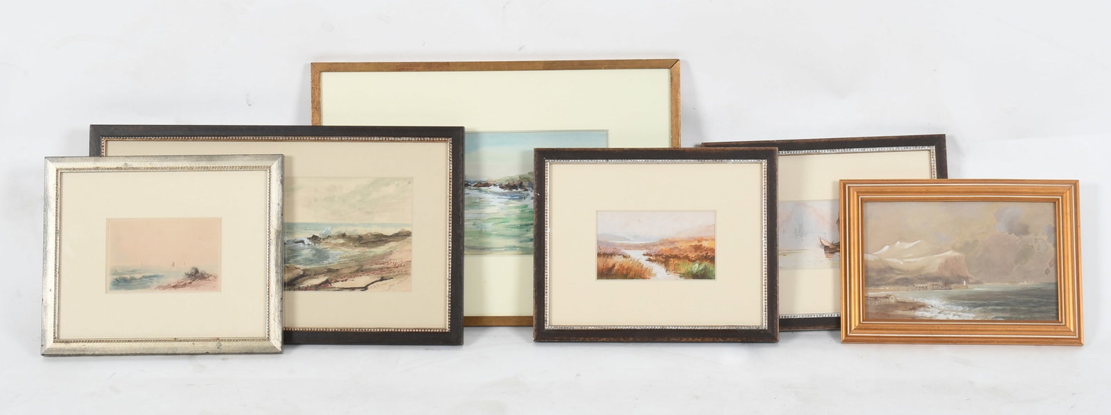 Six Watercolors of Bodies of Water: Six water colors of various bodies of water, late 19th century to contemporary, comprising: two signed W. Stanley one of a boat on still water, the other of a creek in a hilly region, a watercolo