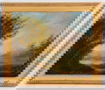 Continental School (19th c.) Oil on Canvas: Continental School (19th c.) Oil on Canvas A landscape with hunter and dog in the foreground, unsigned. Housed in a modern gilt and carved frame. Dimensions: 23 1/2in x 28 1/2in, the frame