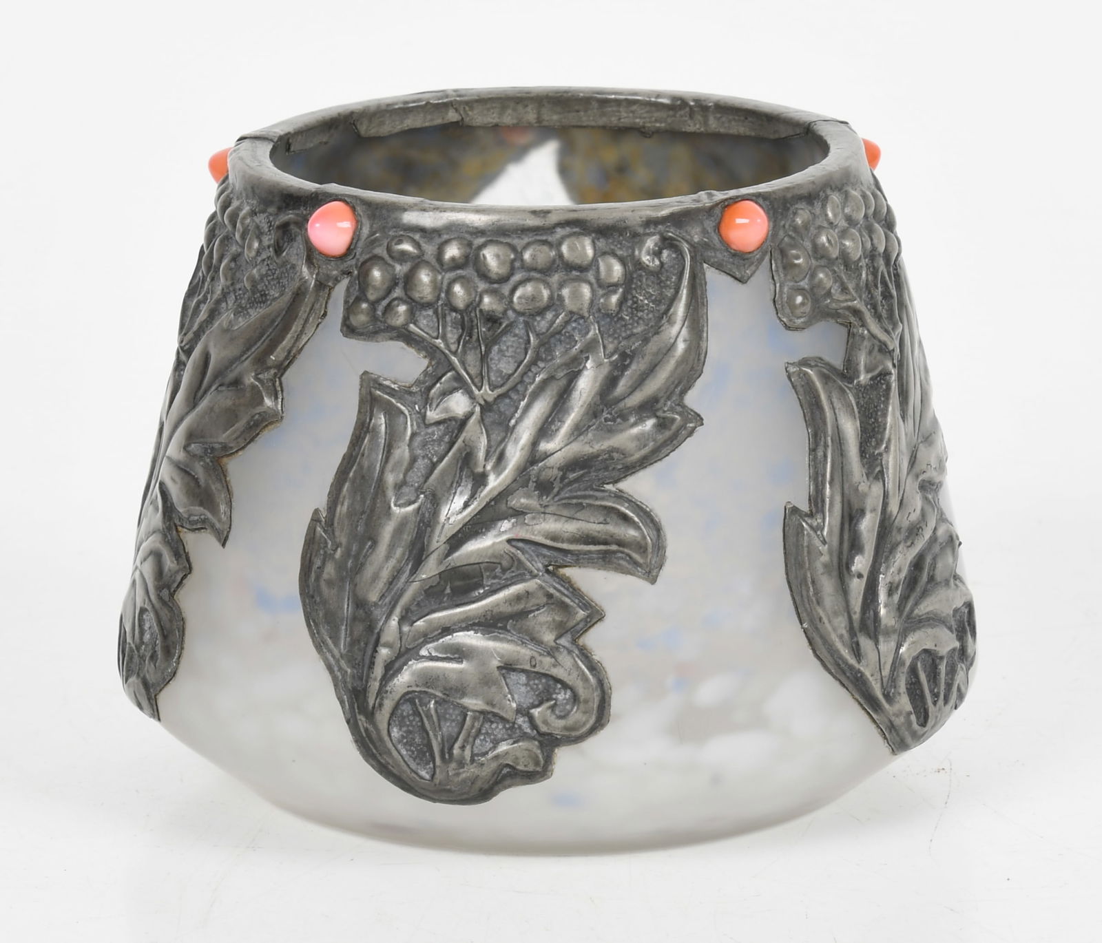 An Art Nouveau Pewter Mounted Glass Vase: An Art Nouveau Pewter Mounted Glass Vase Attributed to Charles Schneider, with 'jeweled' pewter mounted decoration, unmarked. Dimensions: 6in diameter, the height is 4