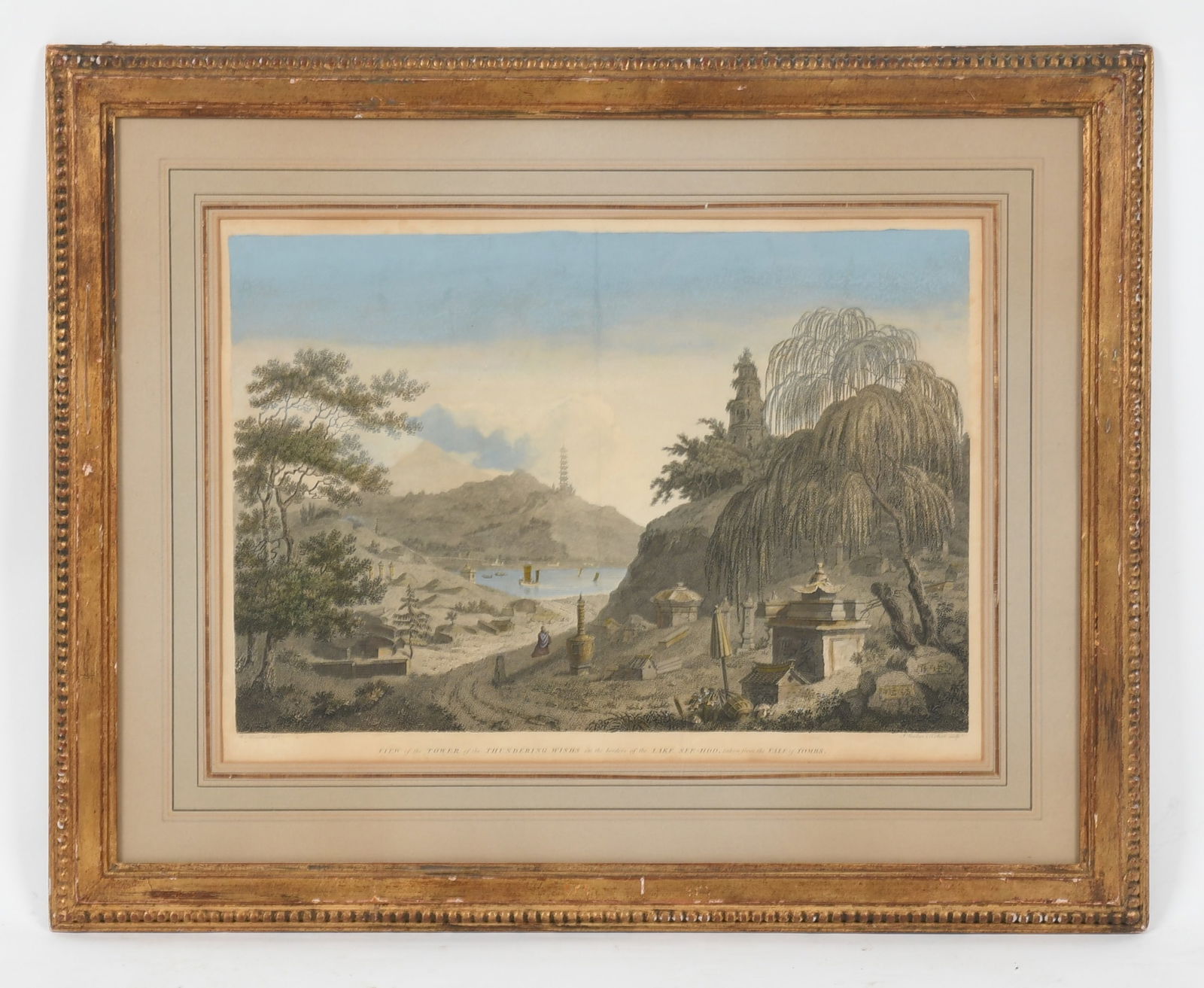 Wm. Alexander, Tower of the Thundering Winds 1796, Engraving: Wm. Alexander, Tower of the Thundering Winds 1796, Engraving A hand colored engraving titled, 'View of the Tower of the Thundering Winds on the border of the Lake See-Hoo taken