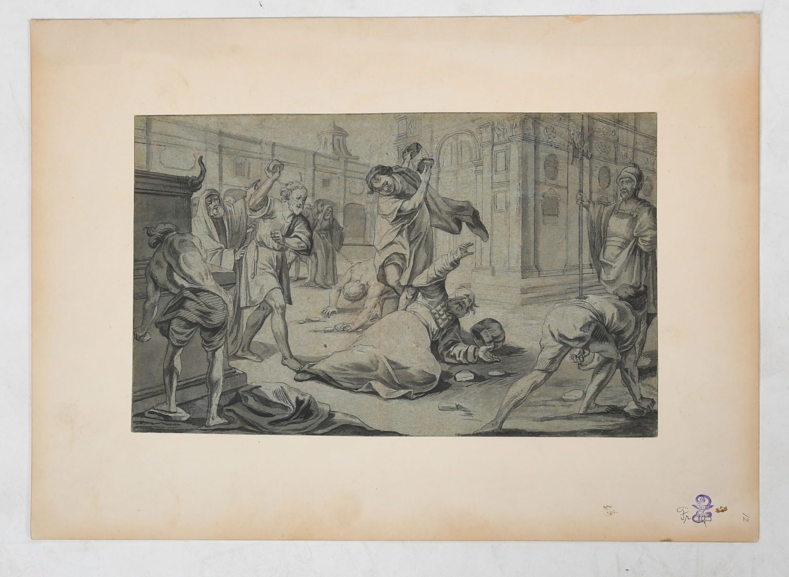 A Late 17th c. Drawing on Paper: A Late 17th c. Drawing on Paper Late 17th century, possibly in the manner of Jacques Callot, a pen and ink with bistre wash drawing of the stoning of a martyr. Dimensions: the sh