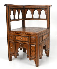 Levantine Shell and Parquetry Inlaid Mixed Wood Corner Armchair, 20th Century